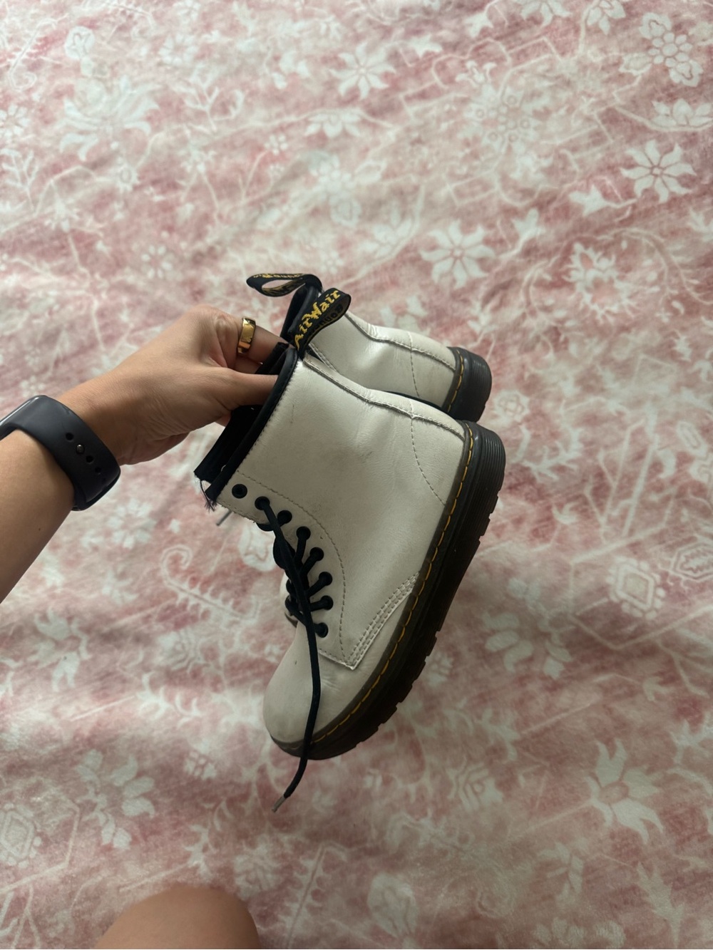 Dr. Martens White Kids Lace-Up Leather Boots with Black Trim